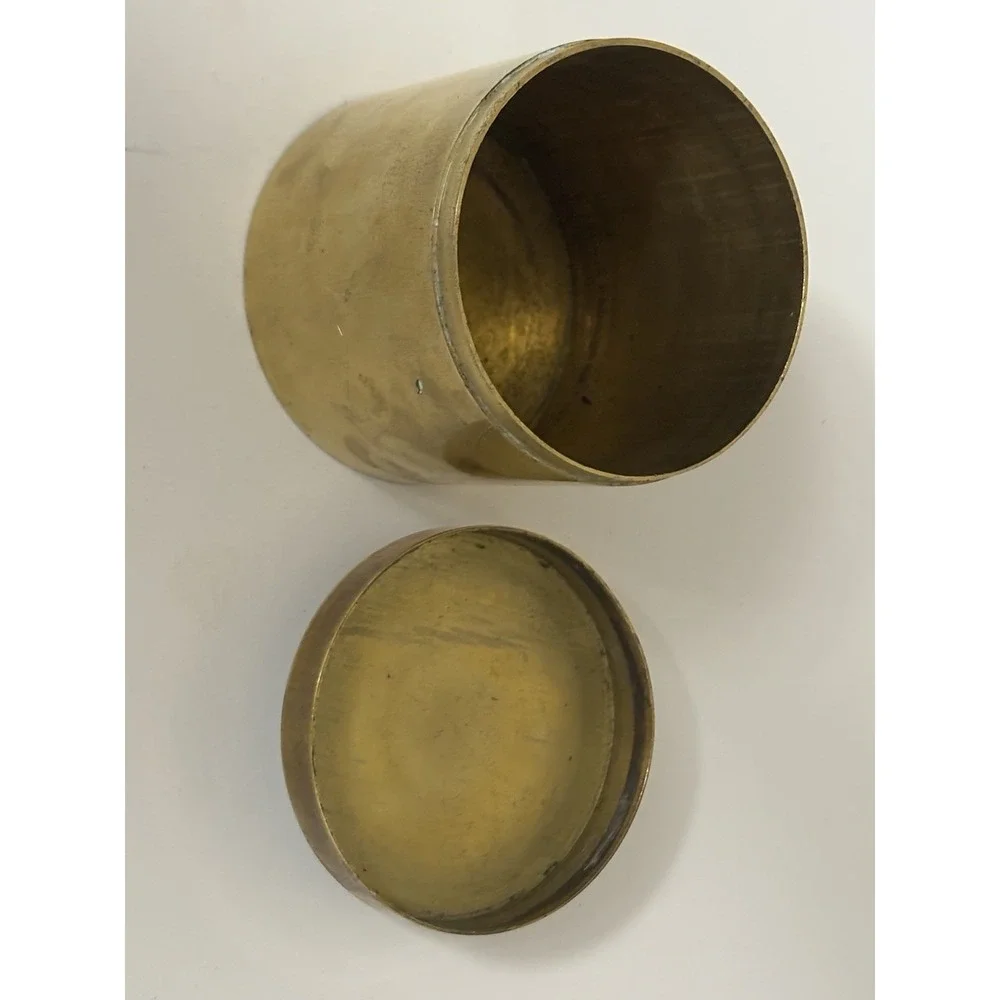 Round Brass Container with Removable Ceramic Painted Chinoiserie 2 Cranes Lid
